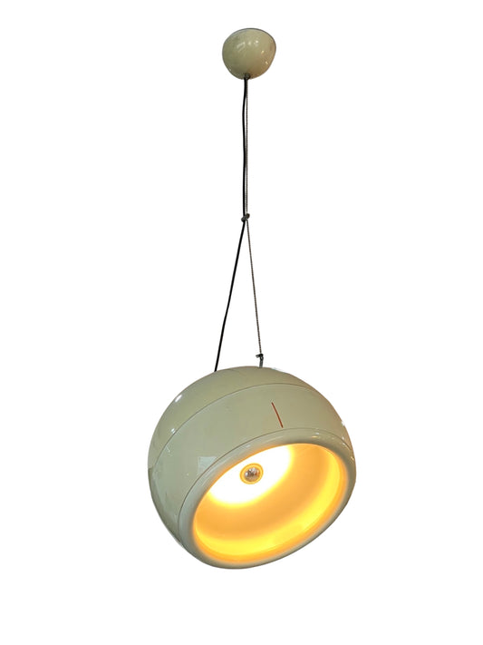 A vintage Pallade pendant lamp by Studio Tetrarch for Artemide, featuring a glossy white ABS plastic body and a spherical ceiling mount.