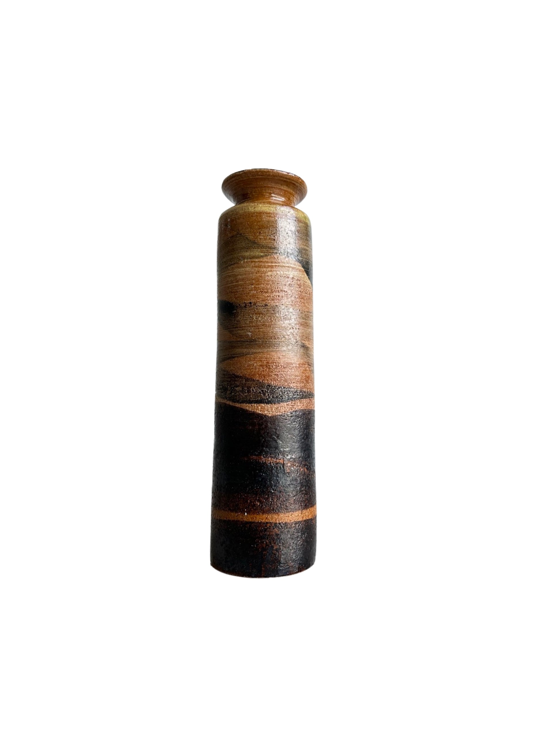 An Italian hand made ceramic vase with a brown and beige striped pattern, made in Siena, Tuscany.