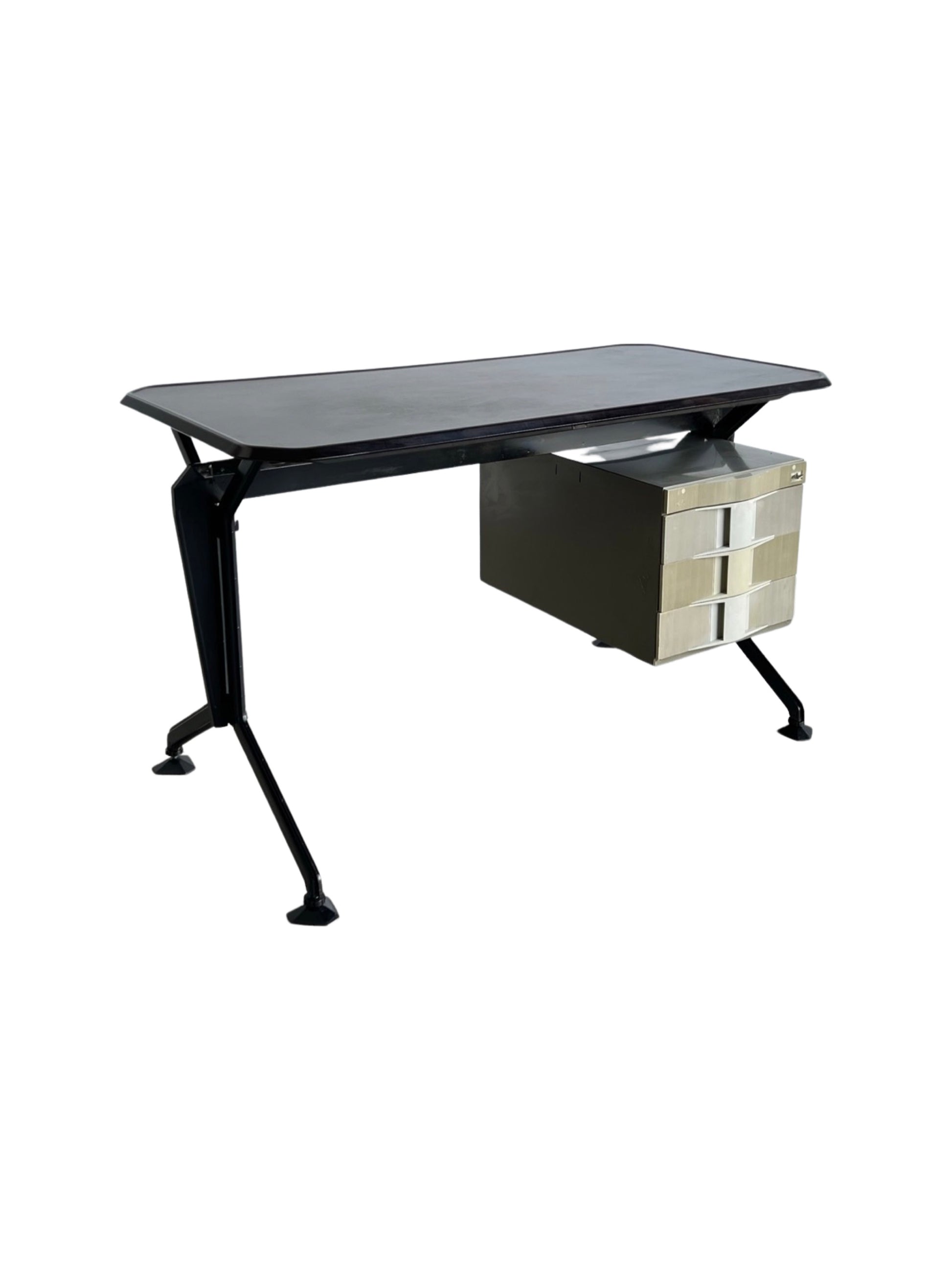 Vintage Arco office desk by Studio BBPR for Olivetti, featuring metal panels on angled legs, with a sturdy molded veneer plywood tabletop and black adjustable hexagonal feet.