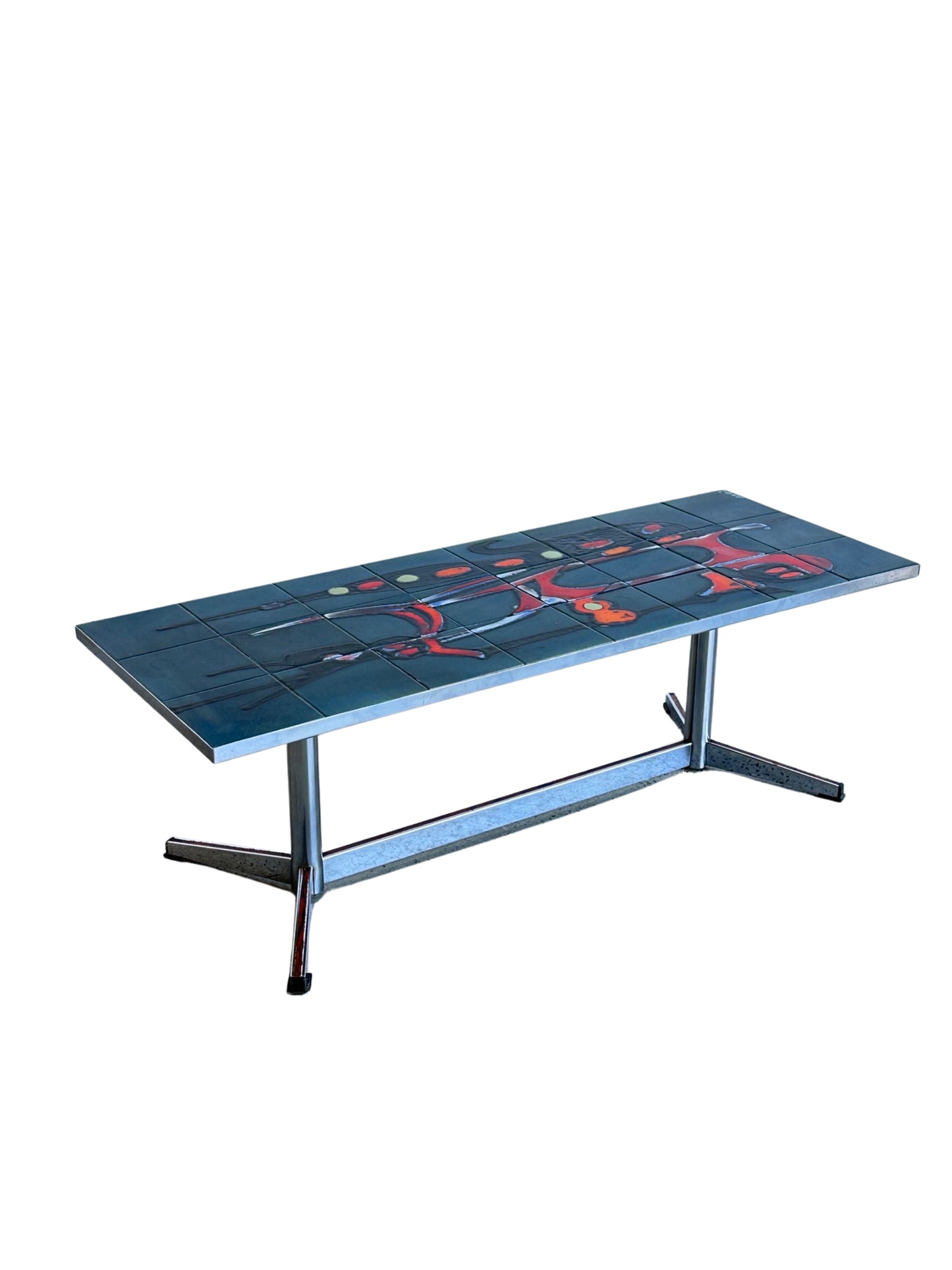 Adri Belgique Green, Red, Orange & Chrome Ceramic Top Coffee Table, 1960
