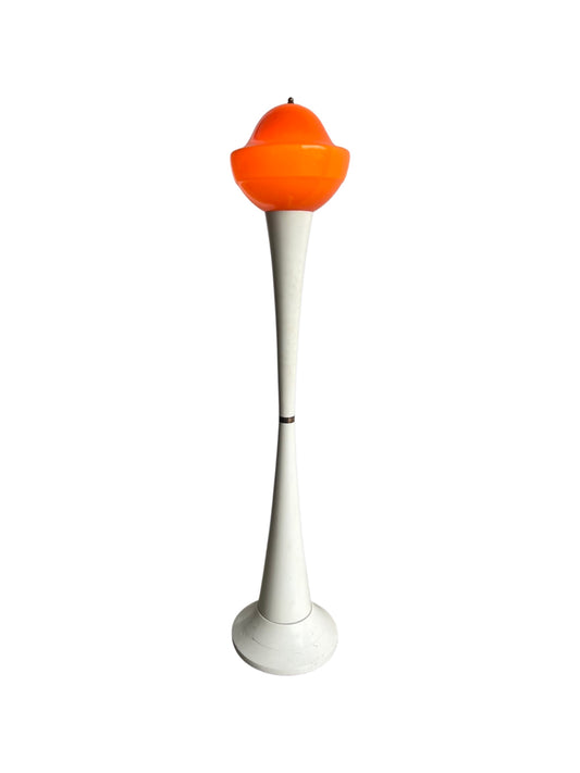A vintage Italian floor lamp with a orange Murano glass shade on a white wood and brass base.