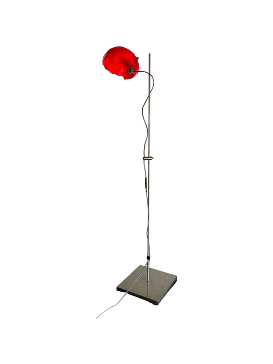 A floor lamp with a nickel-plated base and a fibreglass shade, featuring an adjustable arm and a red lampshade, standing against a white background Italian Futurist Fiberglass Floor Lamp by Smith & Castellani, 1980s