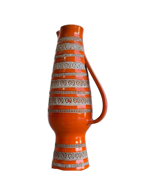A Bitossi orange water jug with geometric patterns and a blue glaze, mid-century modern design.