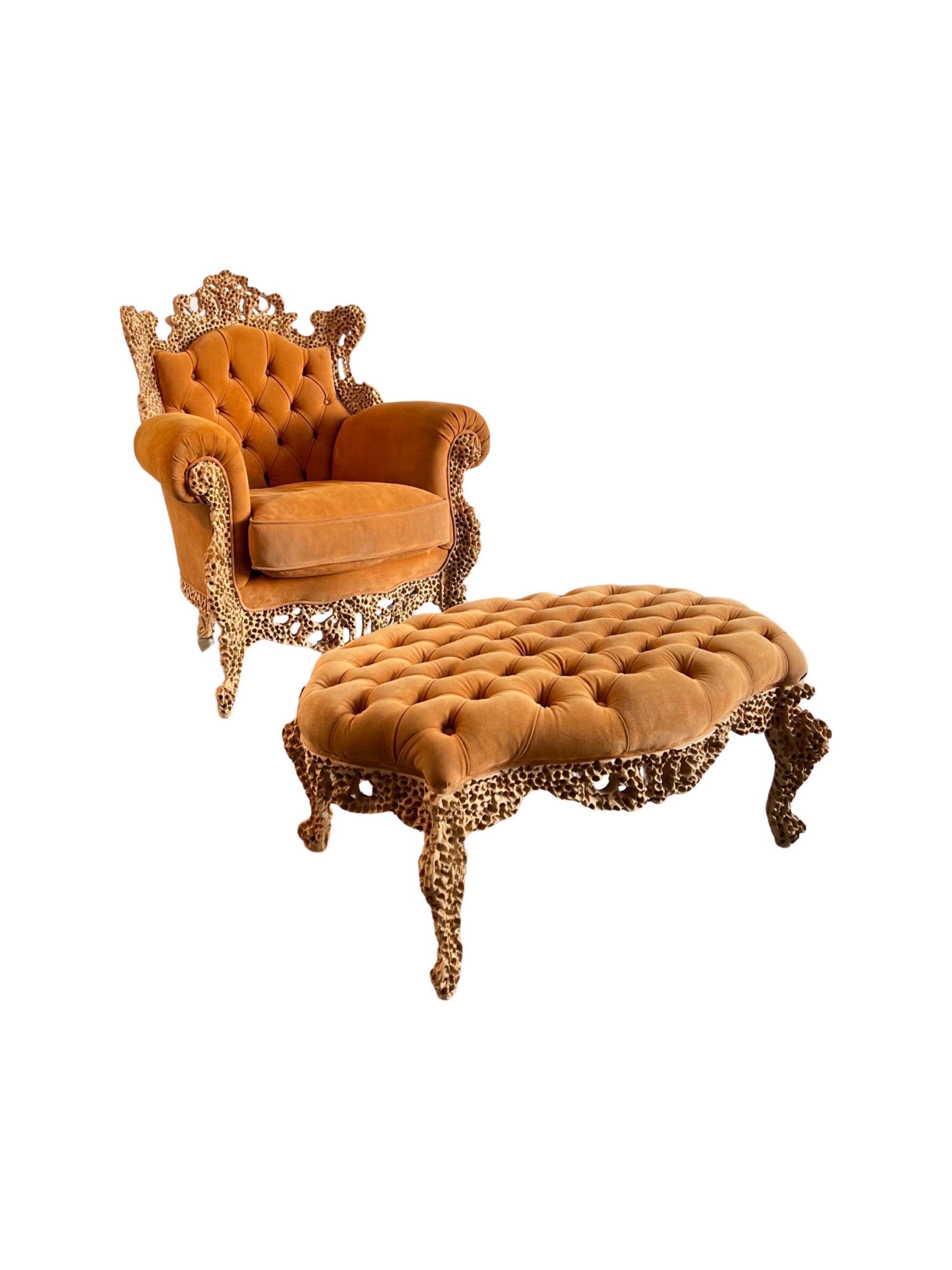 “Regina” armchair and “Junior” ottoman by Urano Palma for Mirabili in raw carved wood and orange suede upholstery, Italian postmodern 1990s