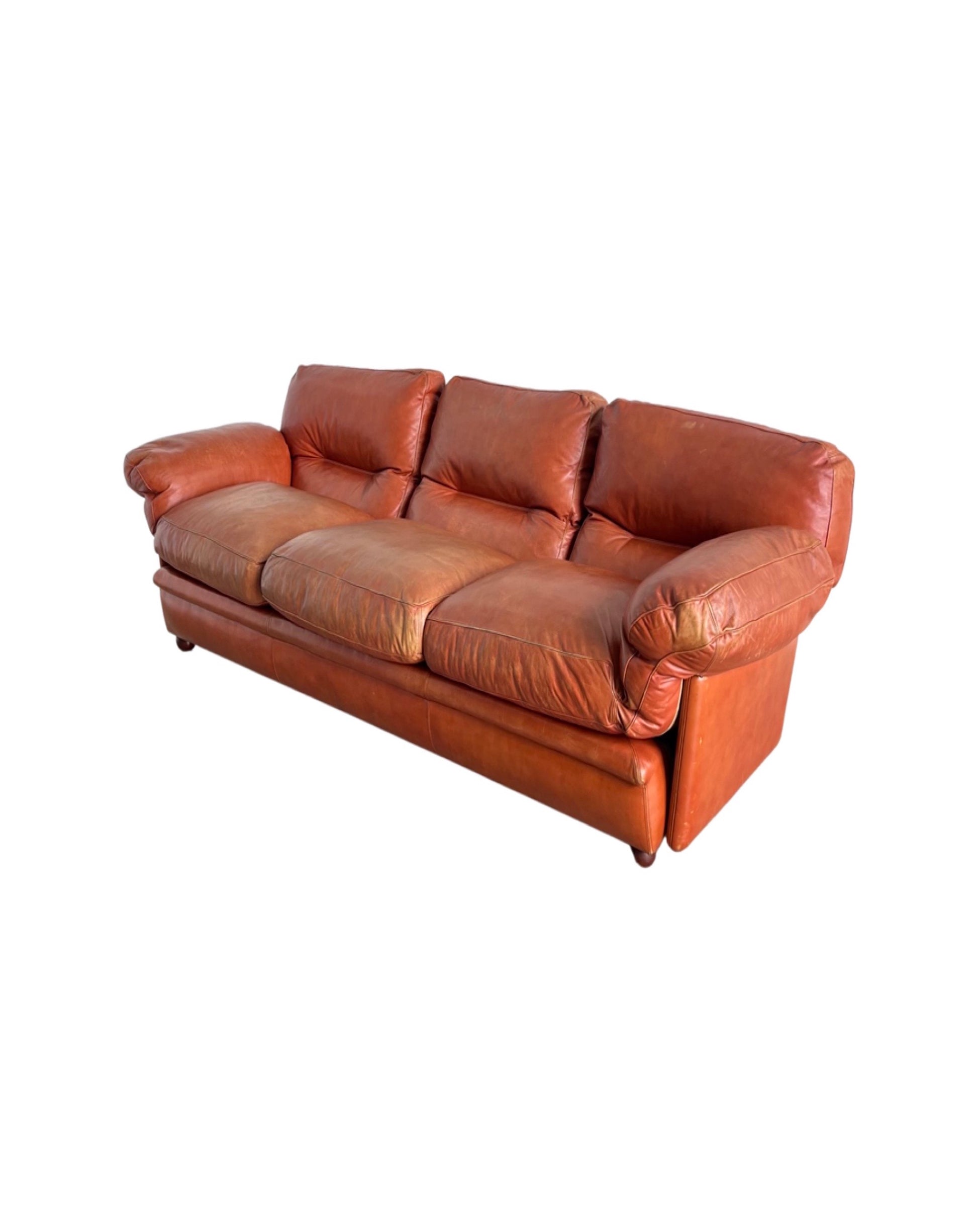 Italian mid century Poppy sofa by Tito Agnoli for Poltrona Frau, 1960s, three-seater in cognac leather with deep seat and plush cushions.