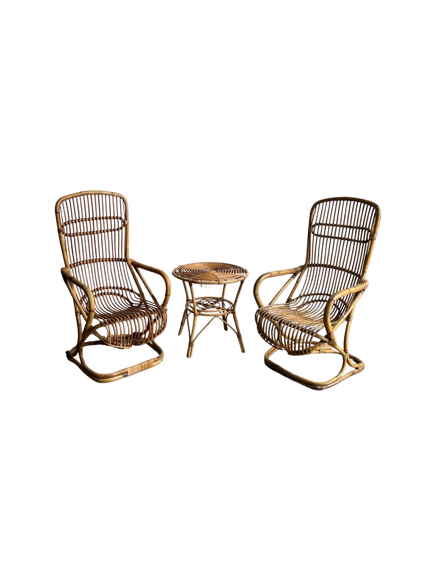 Italian Set of Two Chairs & Side Table in Bamboo by Tito Agnoli, 1960s