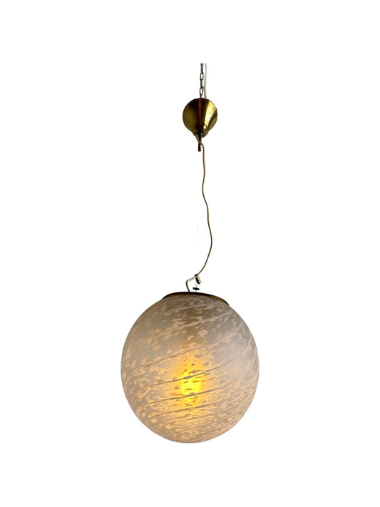 A vintage Murano glass pendant light with white stripes and a brass pendant, by Paolo Venini, 1960s.