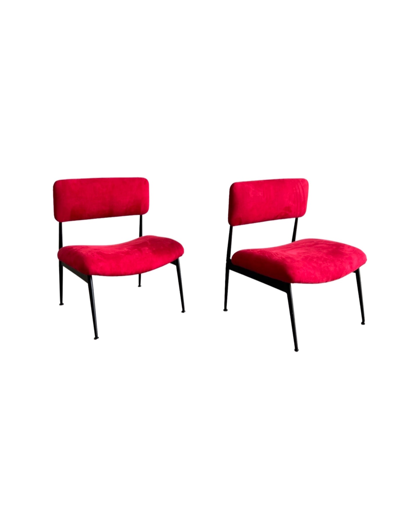 Italian Low Chairs in Red Suede and Black Metal Frame 1970s