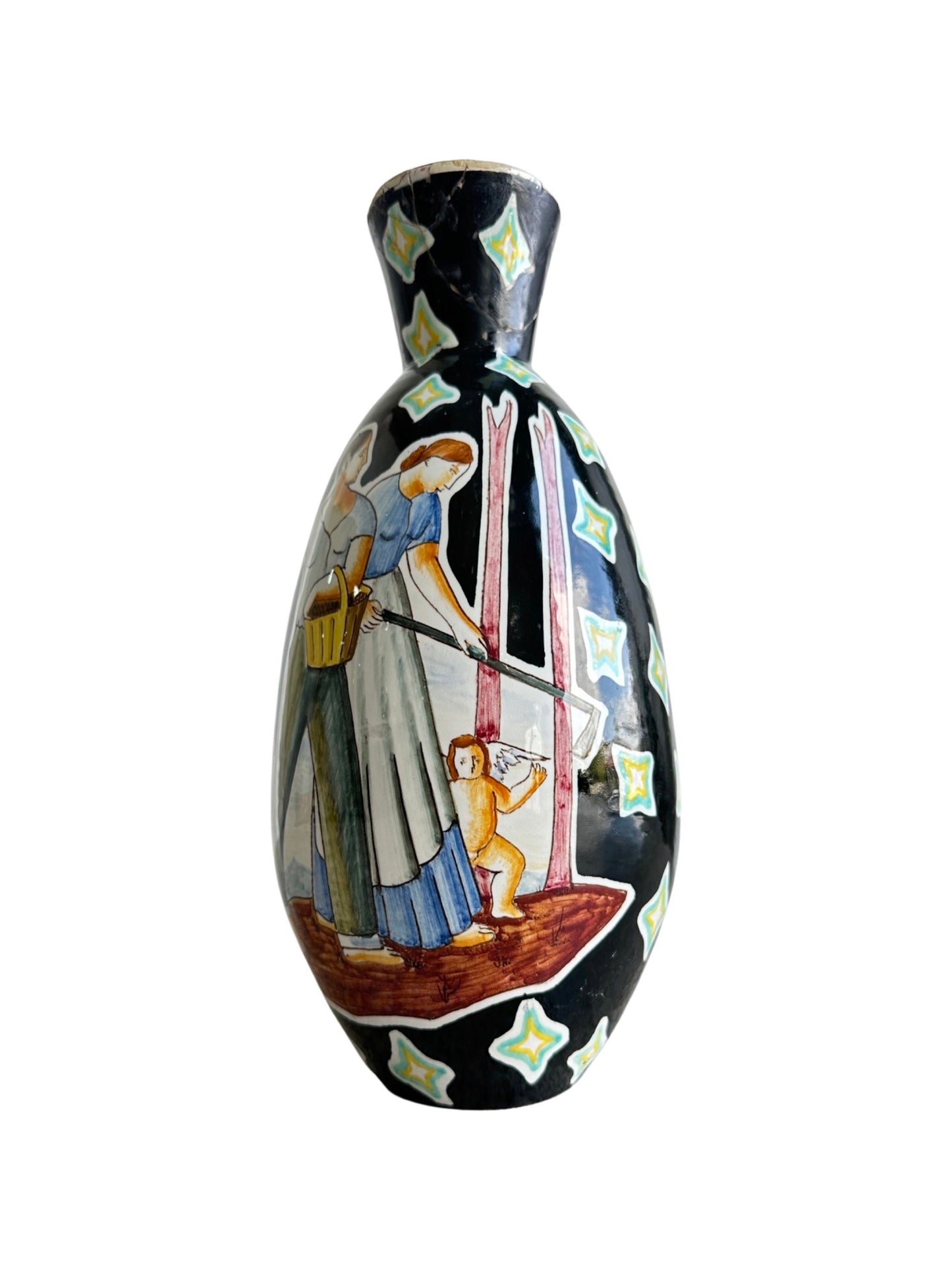 Imola Italian Large Black Hand Painted Ceramic Vase, 1960s
