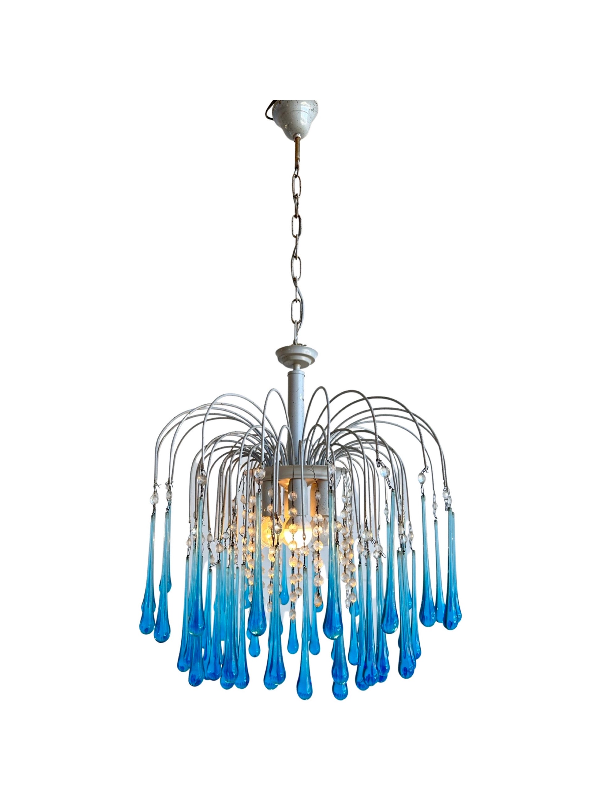 A  Paolo Venini mid-century modern style chandelier with a cascade of blue glass drops hanging from a metal frame.