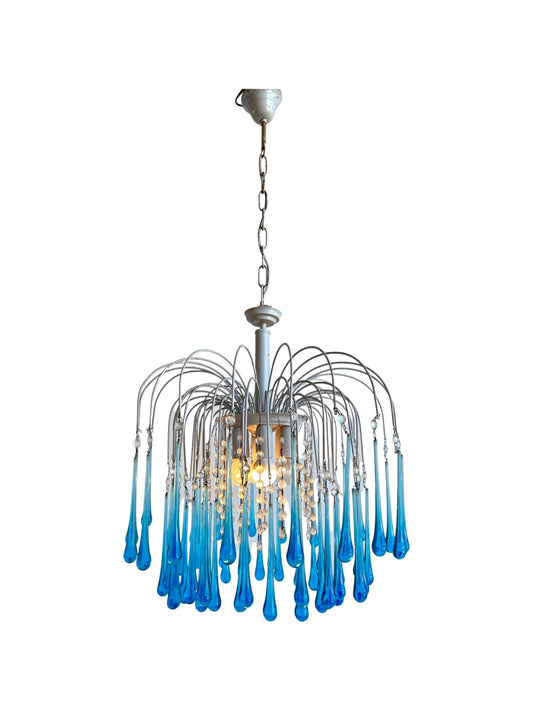 A  Paolo Venini mid-century modern style chandelier with a cascade of blue glass drops hanging from a metal frame.