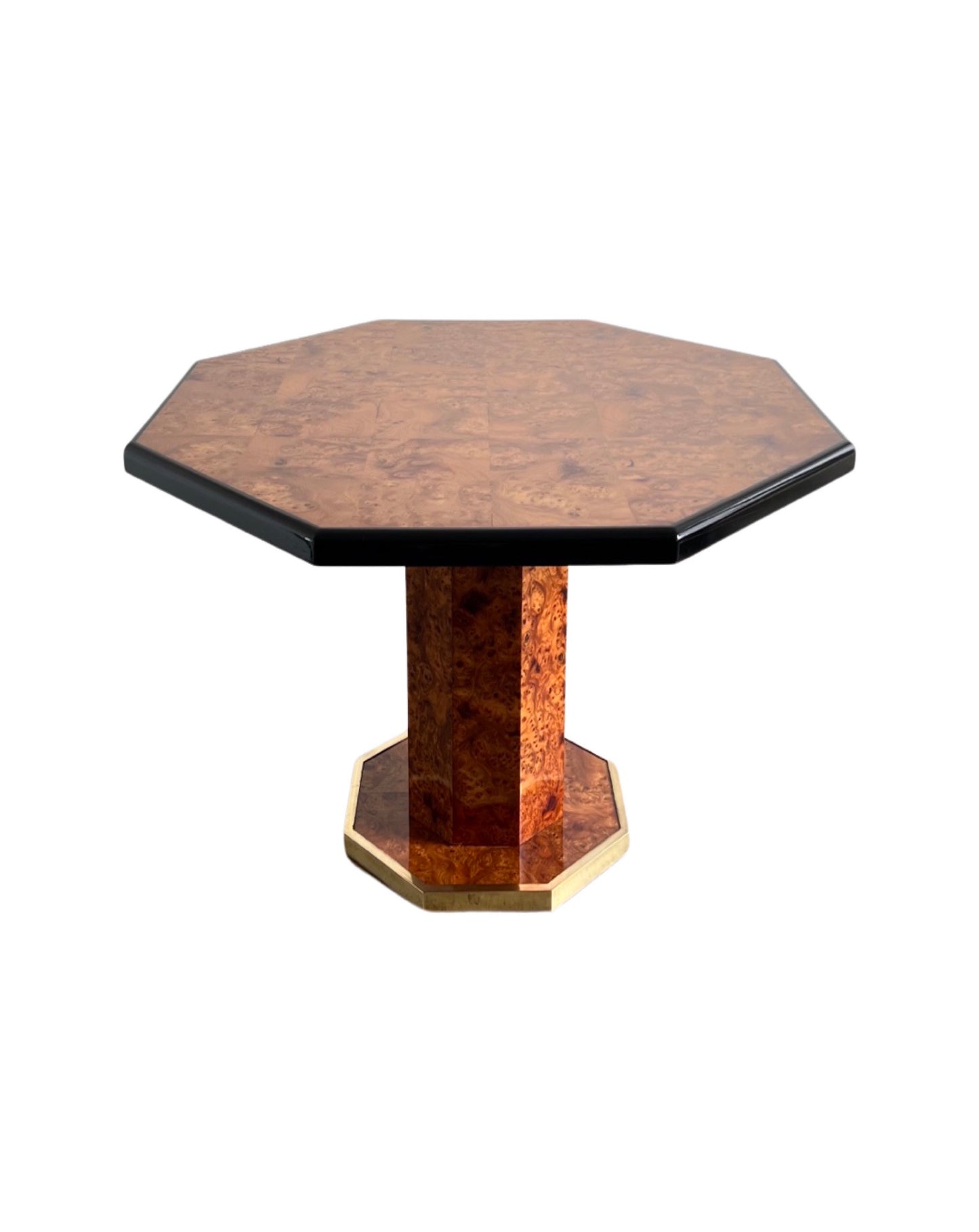 Willy Rizzo for Mario Sabot Pedestal Octagonal Dining Table in Brass and Burlwood, 1970s