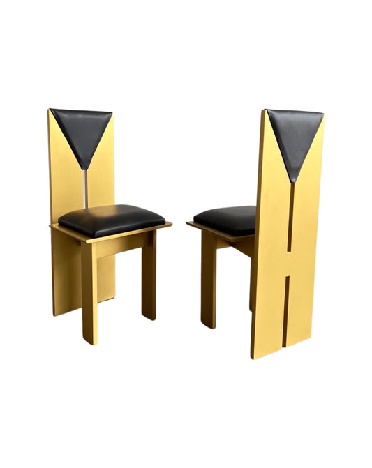 Italian Dining Chairs Art Deco, Pair of two in Gold Laquared Wood and Black Leather, 1980s
