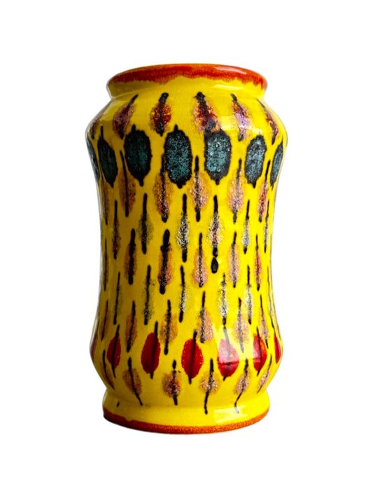 Flavia Montelupo hand-painted, yellow ceramic vase with geometric patterns and a flared opening.