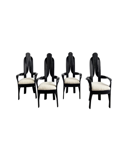 A set of four black lacquered bamboo dining chairs with upholstered seats in a matching sheepskin fabric by “Axel Enthoven for Rohe Noordwolde, 1980s”