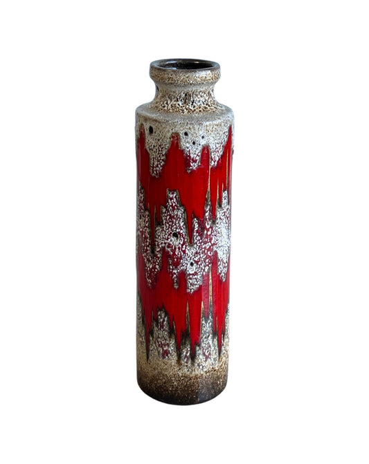 A West German red glazed ceramic vase with a geometric pattern and a floral design, featuring a narrow neck and a round base.