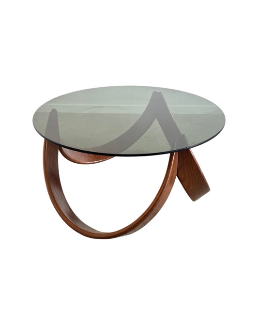 Italian Mid Century Modern Beechwood Curved Base with Smoked Glass Coffee Table, 1970