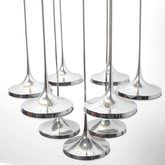 trampet shaped pendant light over a white background