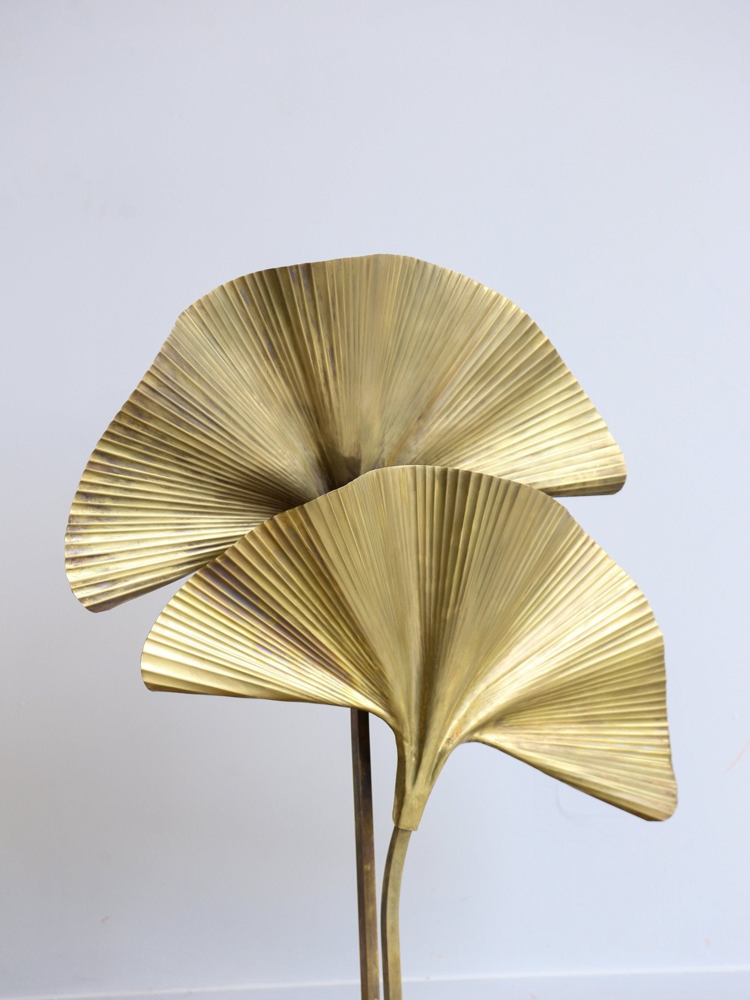 Two gold leaf-shaped objects on a light gray background