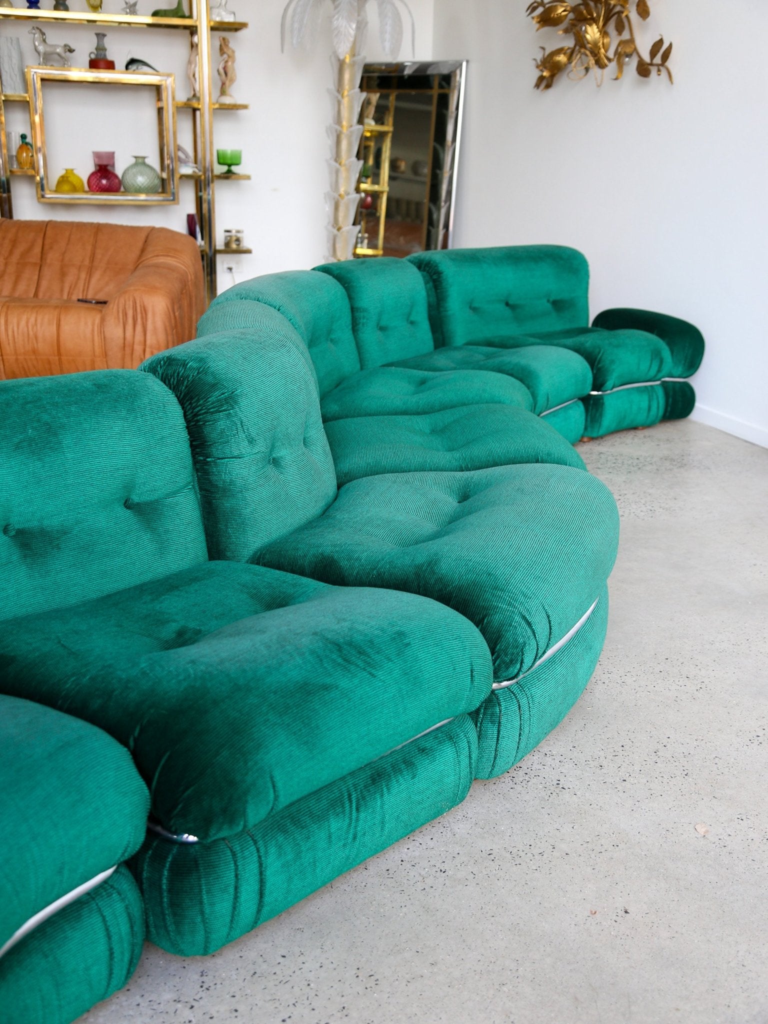 Adriano Piazzesi Curved Modular Sofa in Emerald Green Velvet, Italy 1970s - Lumini Collections