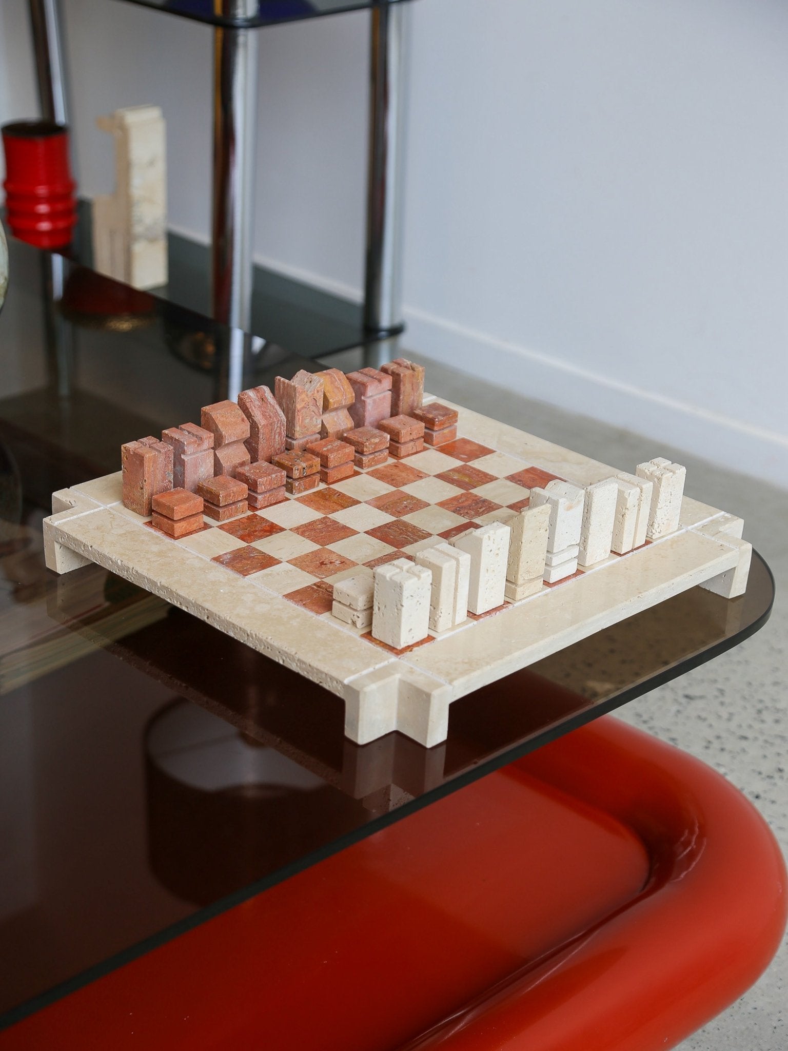 Angelo Mangiarotti Travertine Chess Set - Lumini Collections