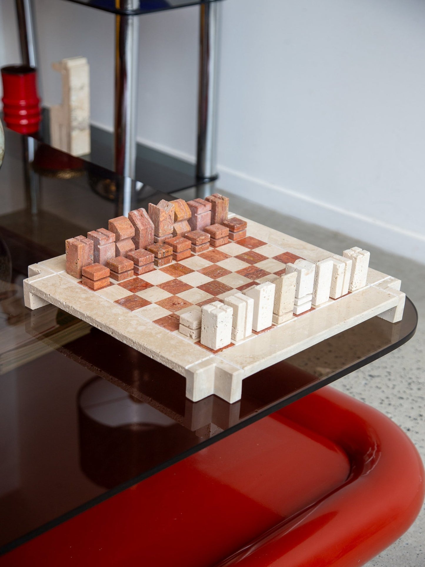 Angelo Mangiarotti Travertine Chess Set - Lumini Collections
