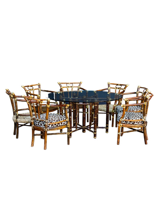 Vintage Dining Table Set by McGuire, USA, 1970s – Bamboo and Rattan with 7 Chairs