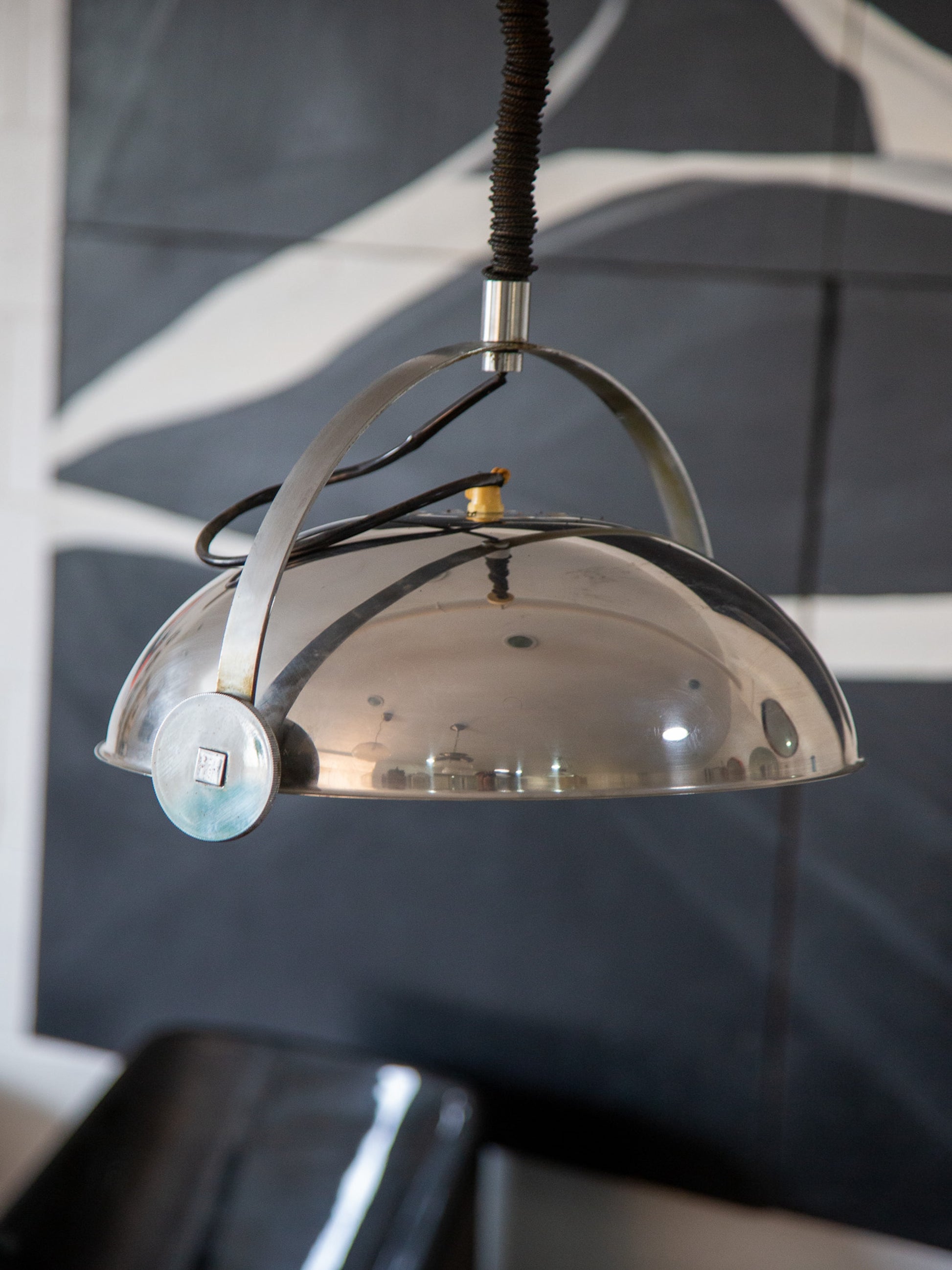 1960s chrome pendant lamp by Goffredo Reggiani with space-age design and height-adjustable cord