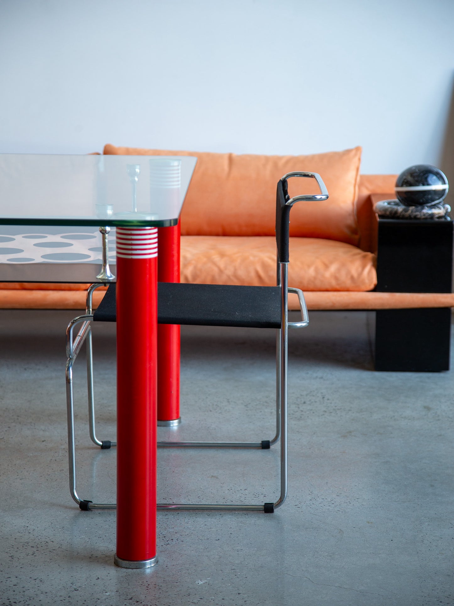 Postmodern Glass Dining Table with Red Lacquered Legs Italy