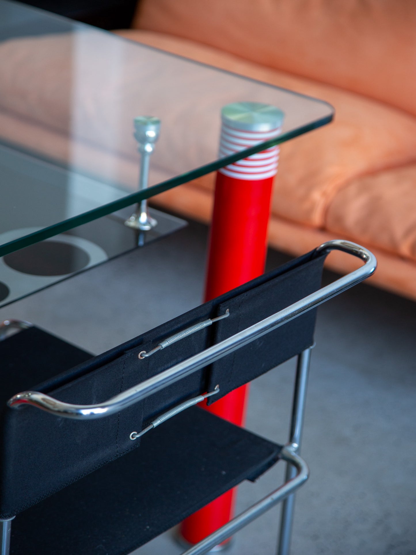 Postmodern Glass Dining Table with Red Lacquered Legs Italy