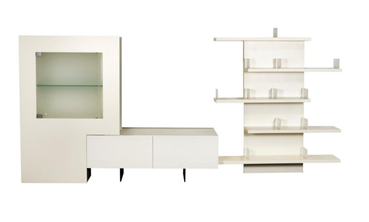 White wall unit with glass door and shelves on a white background