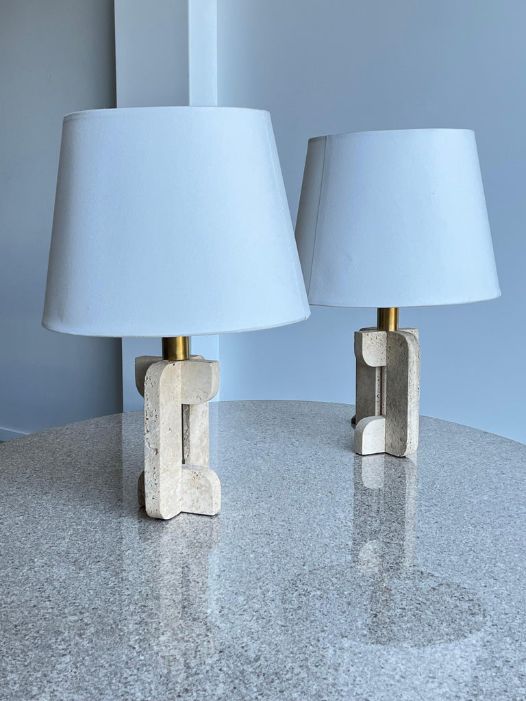 Table Lamps in Travertine Base and Brass by Fratelli Mannelli