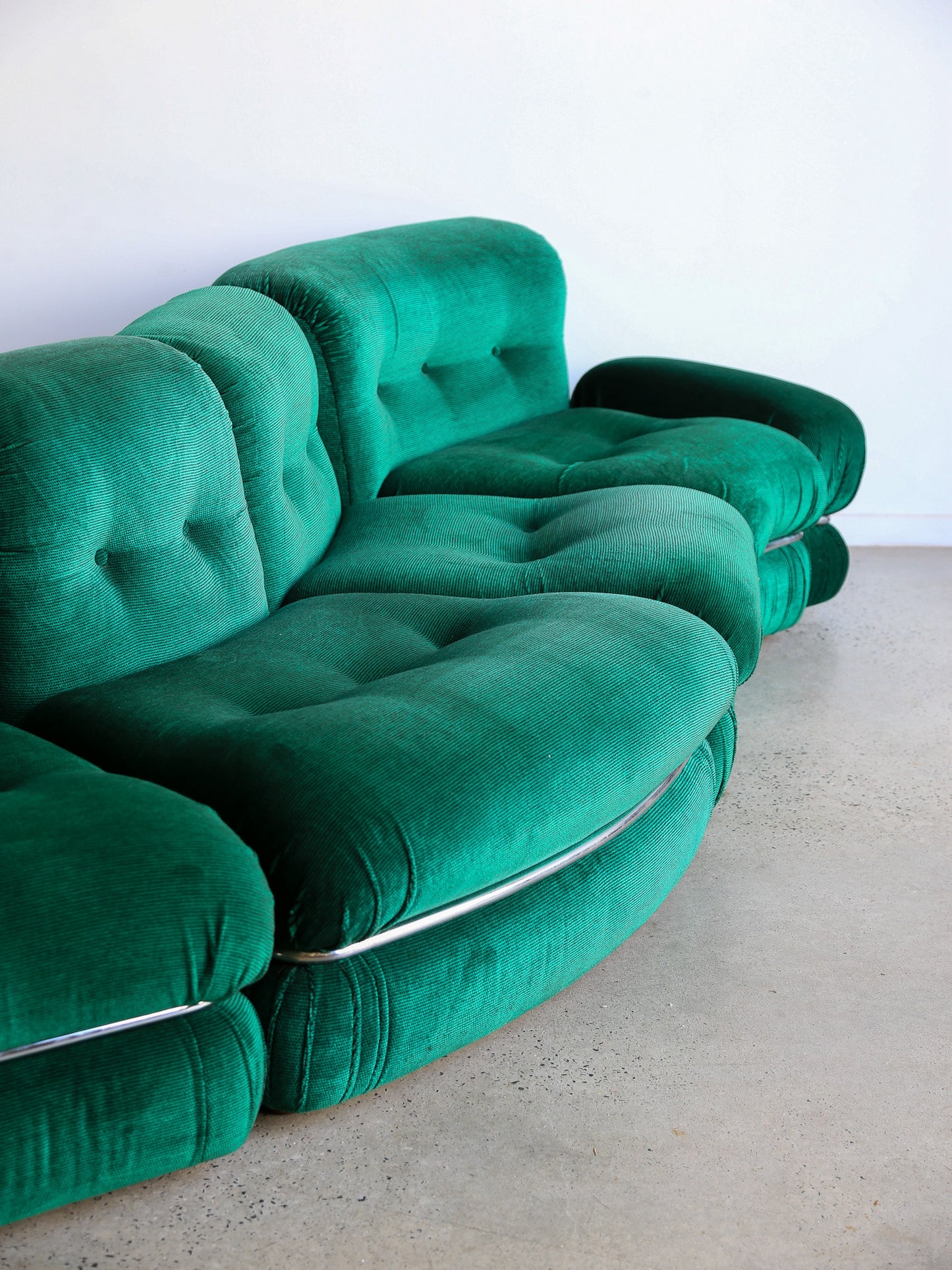 Modular Sofa in Emerald Green Velvet Fabric and Chrome Frame by Adriano Piazzesi