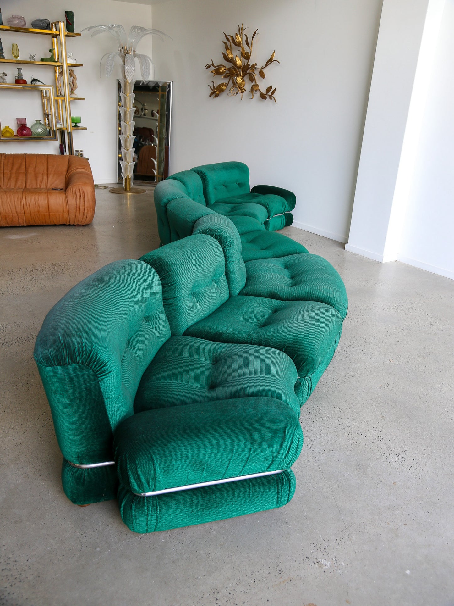 Modular Sofa in Emerald Green Velvet Fabric and Chrome Frame by Adriano Piazzesi