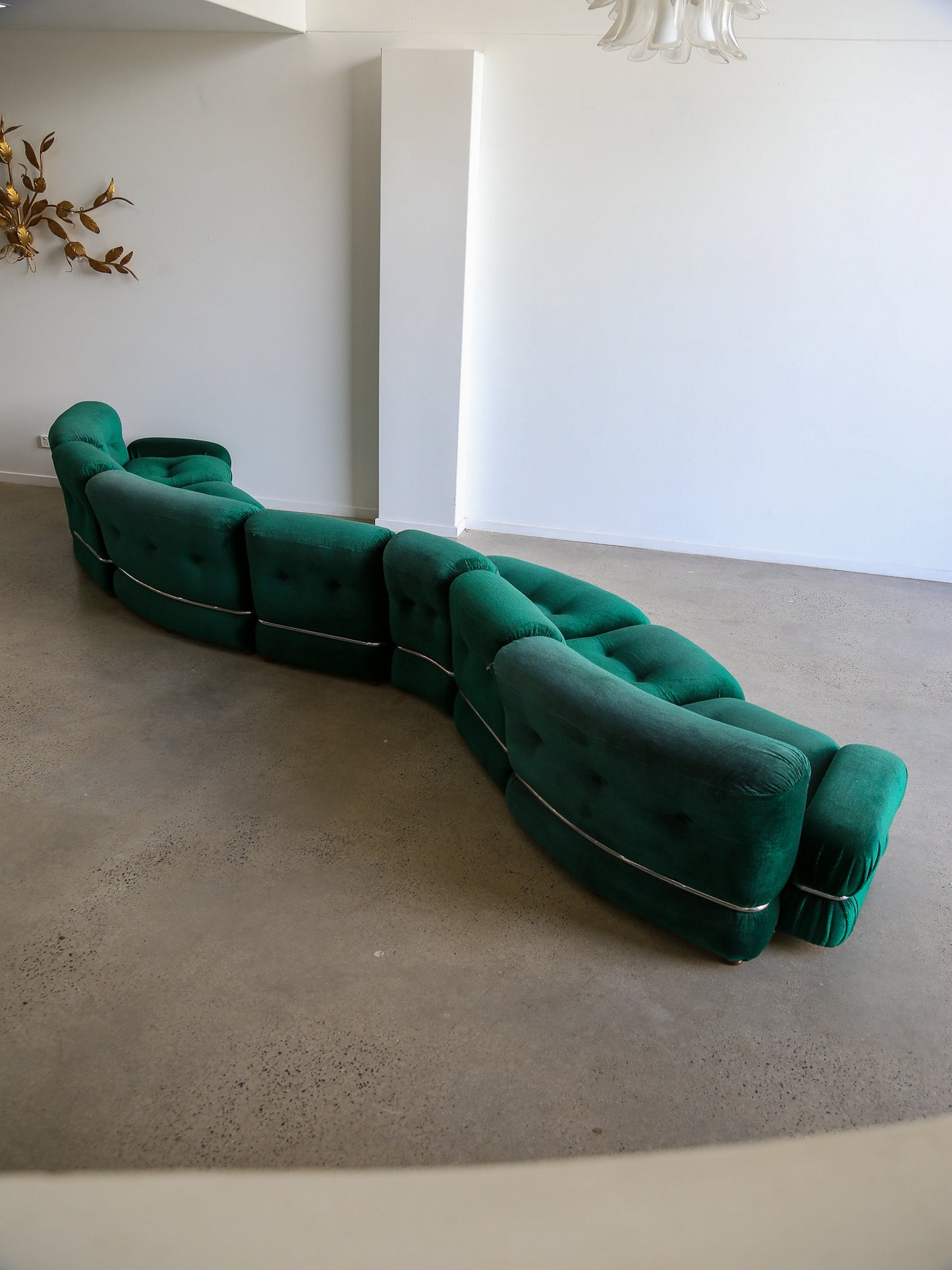 Modular Sofa in Emerald Green Velvet Fabric and Chrome Frame by Adriano Piazzesi