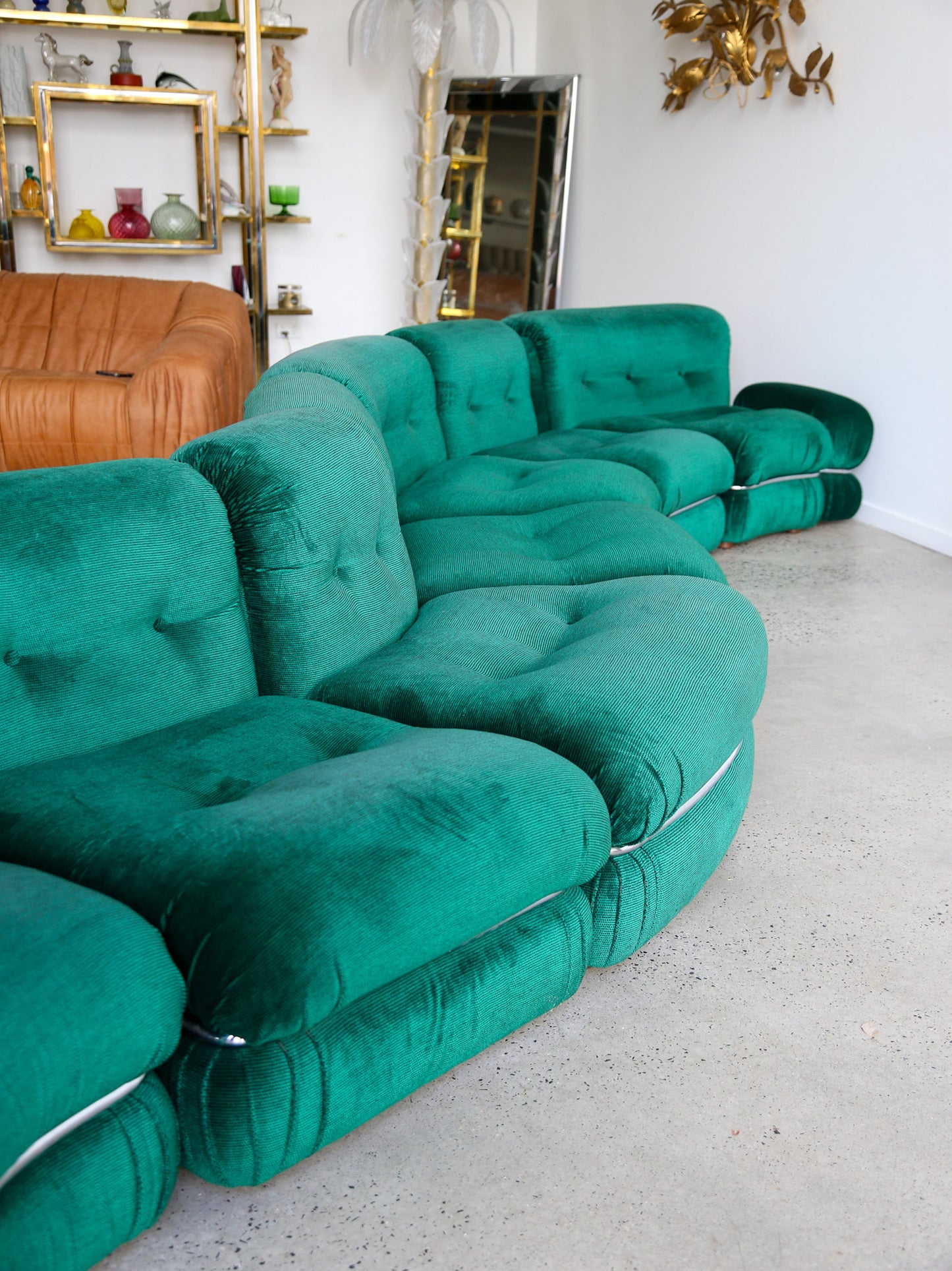 Modular Sofa in Emerald Green Velvet Fabric and Chrome Frame by Adriano Piazzesi