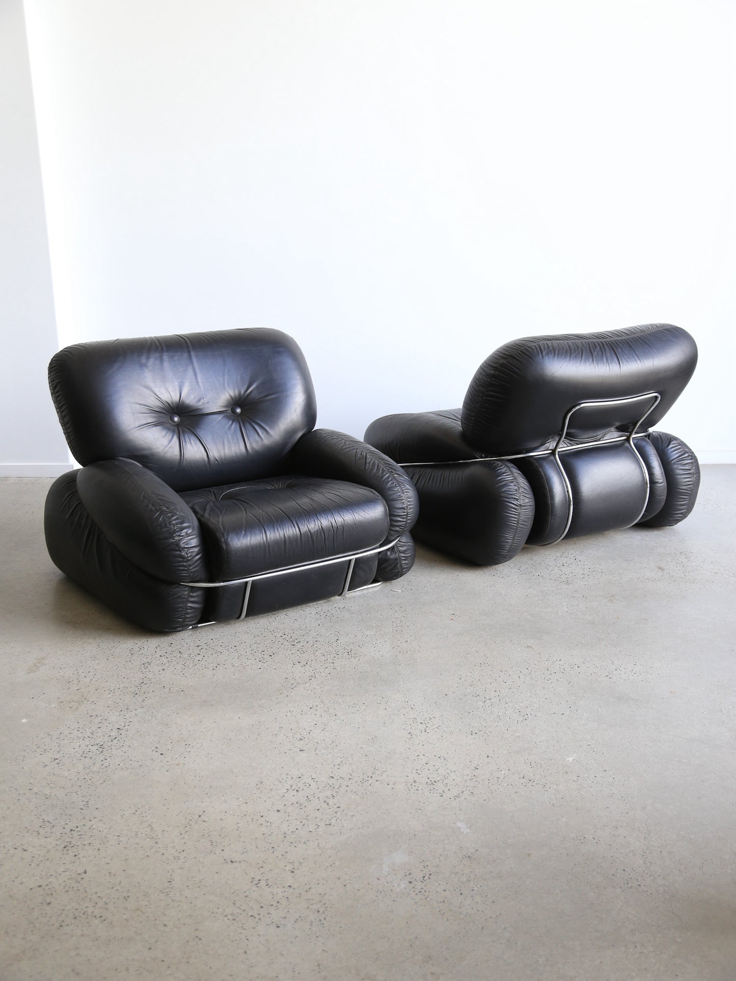 Okay Armachairs by Adriano Piazzesi In Balck Leather and Chrome 1970s