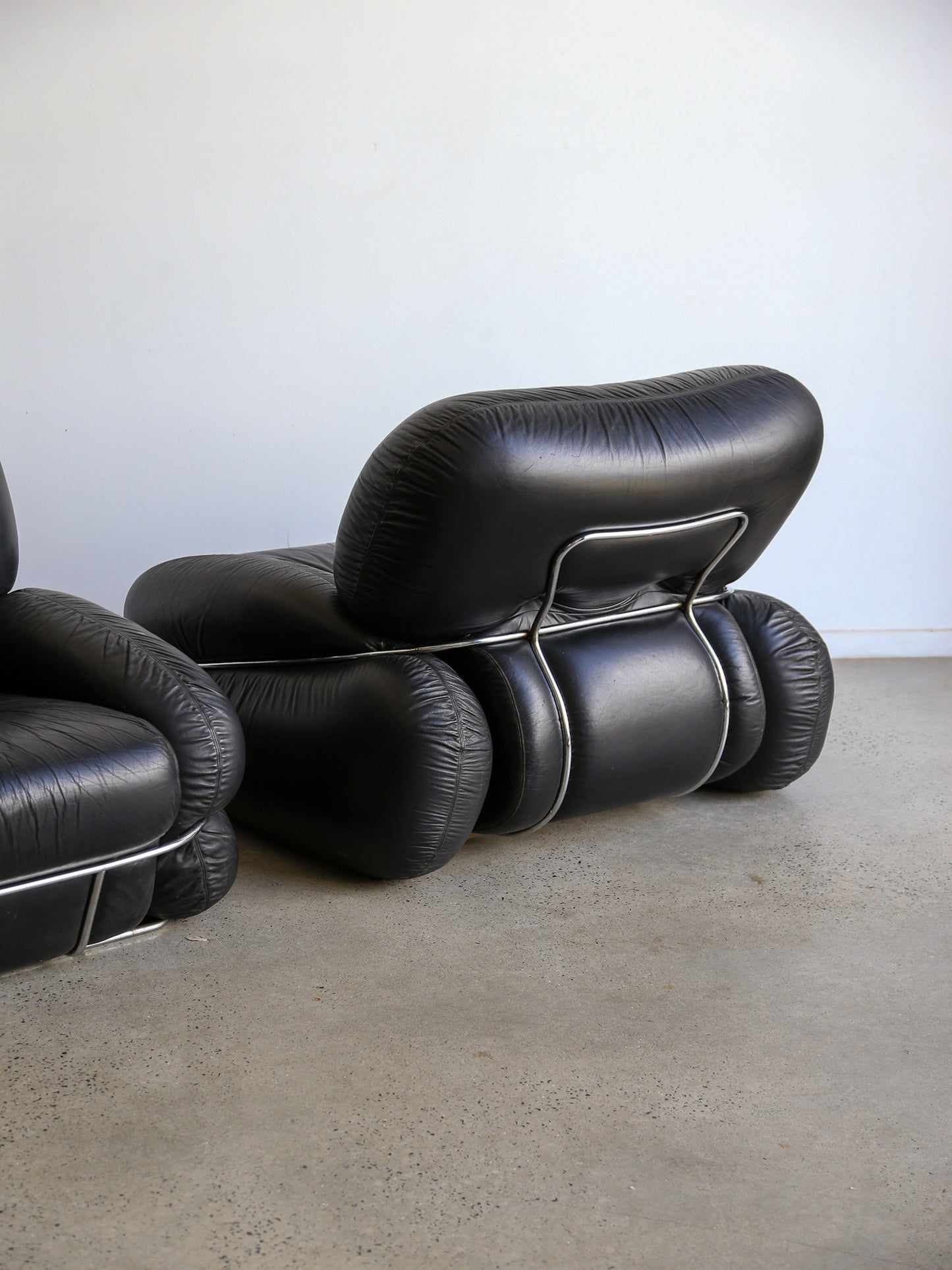 Okay Armachairs by Adriano Piazzesi In Balck Leather and Chrome 1970s