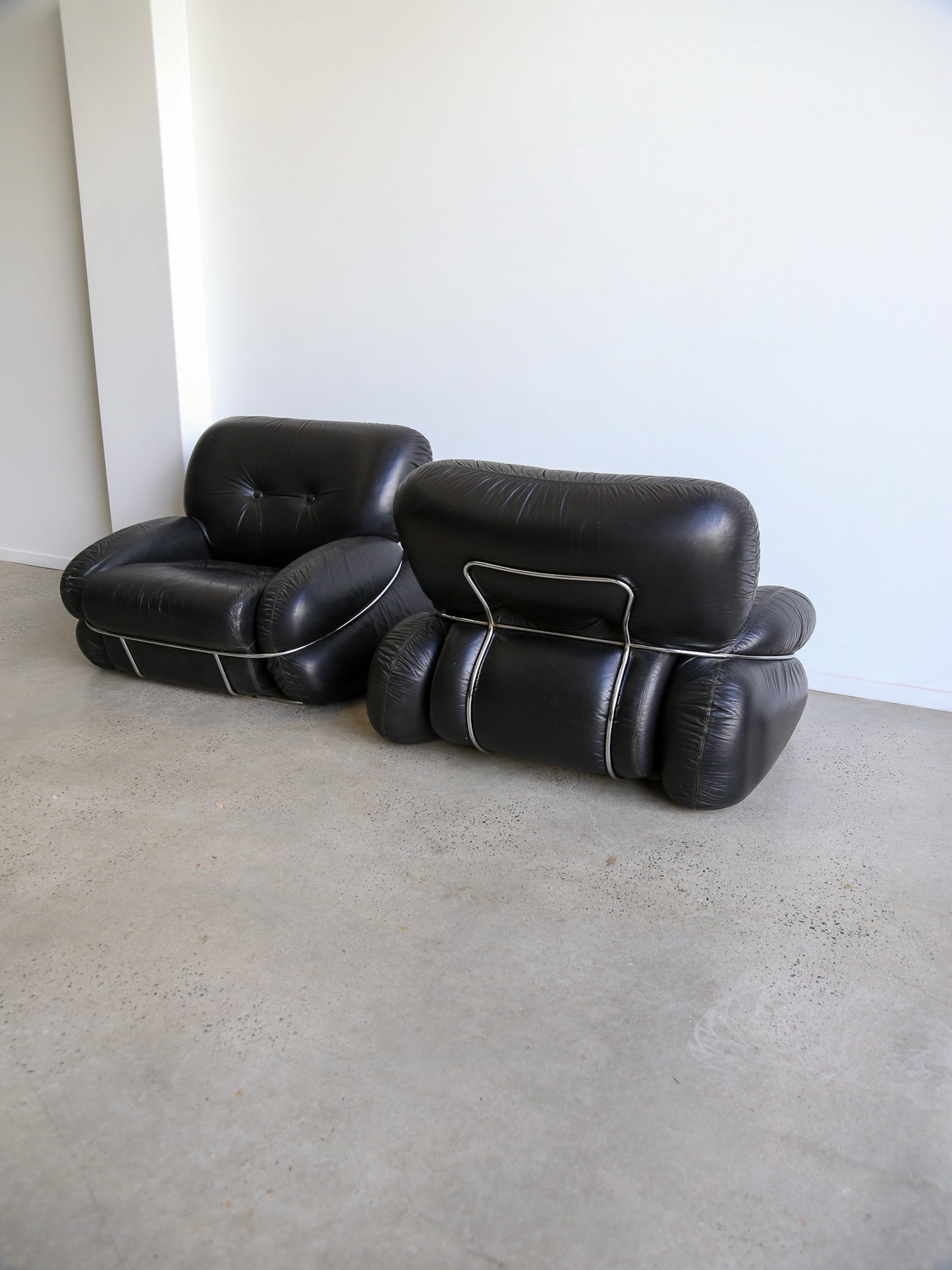 Okay Armachairs by Adriano Piazzesi In Balck Leather and Chrome 1970s