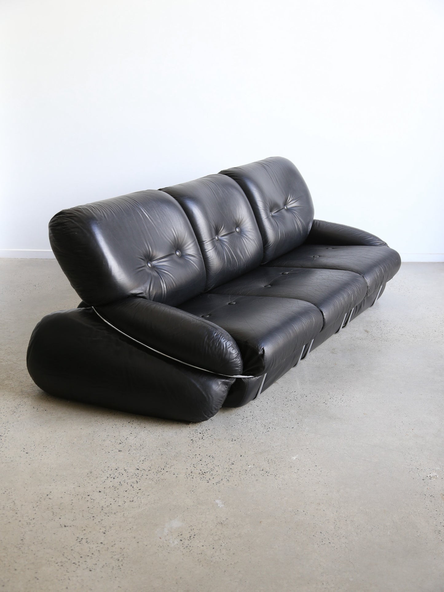 Okay Three Seater Sofa by Adriano Piazzesi In Balck Leather and Chrome 1970s