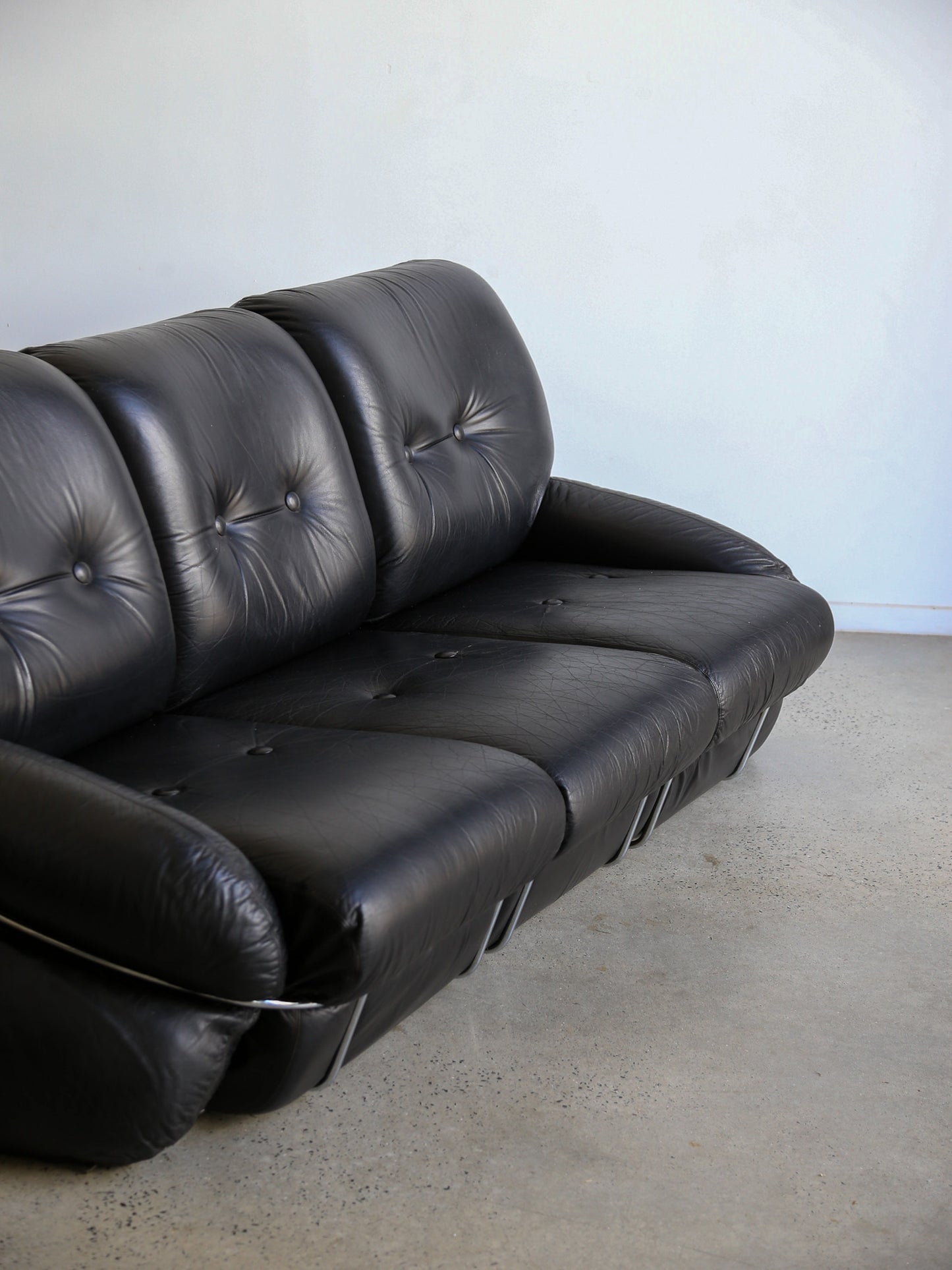 Okay Three Seater Sofa by Adriano Piazzesi In Balck Leather and Chrome 1970s