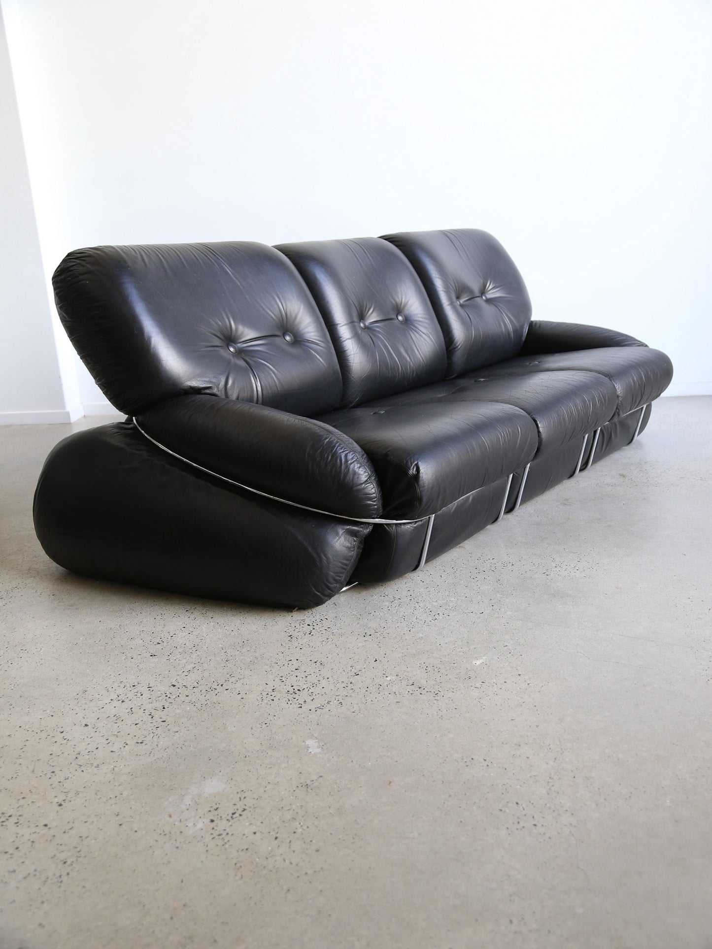 Okay Three Seater Sofa by Adriano Piazzesi In Balck Leather and Chrome 1970s