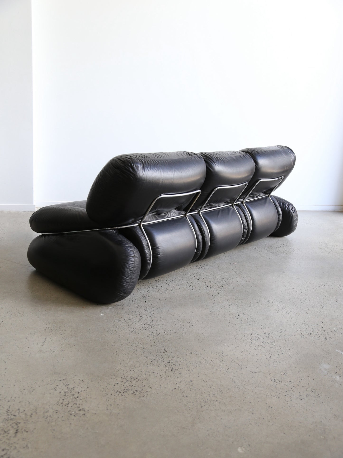 Okay Three Seater Sofa by Adriano Piazzesi In Balck Leather and Chrome 1970s