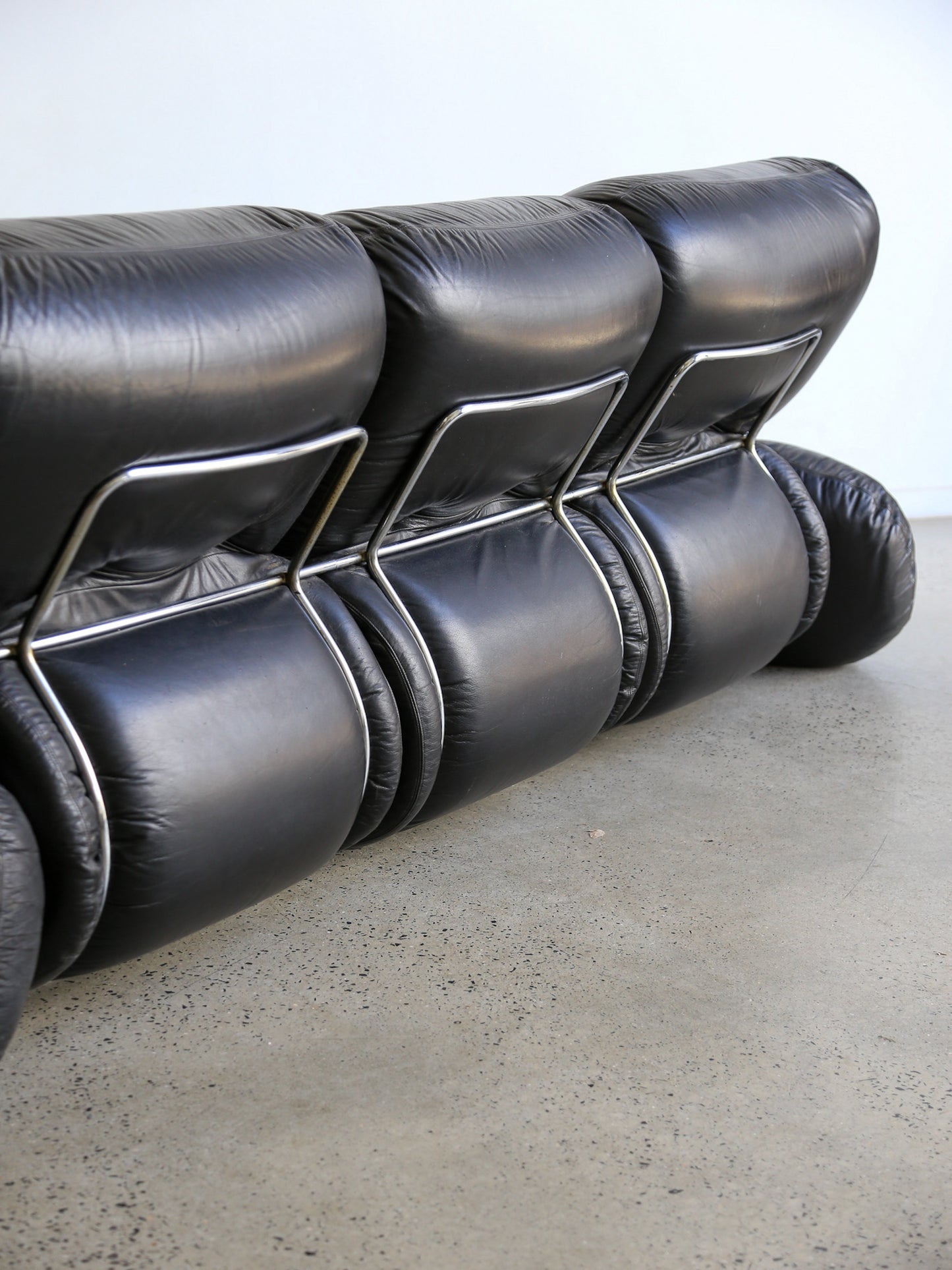 Okay Three Seater Sofa by Adriano Piazzesi In Balck Leather and Chrome 1970s