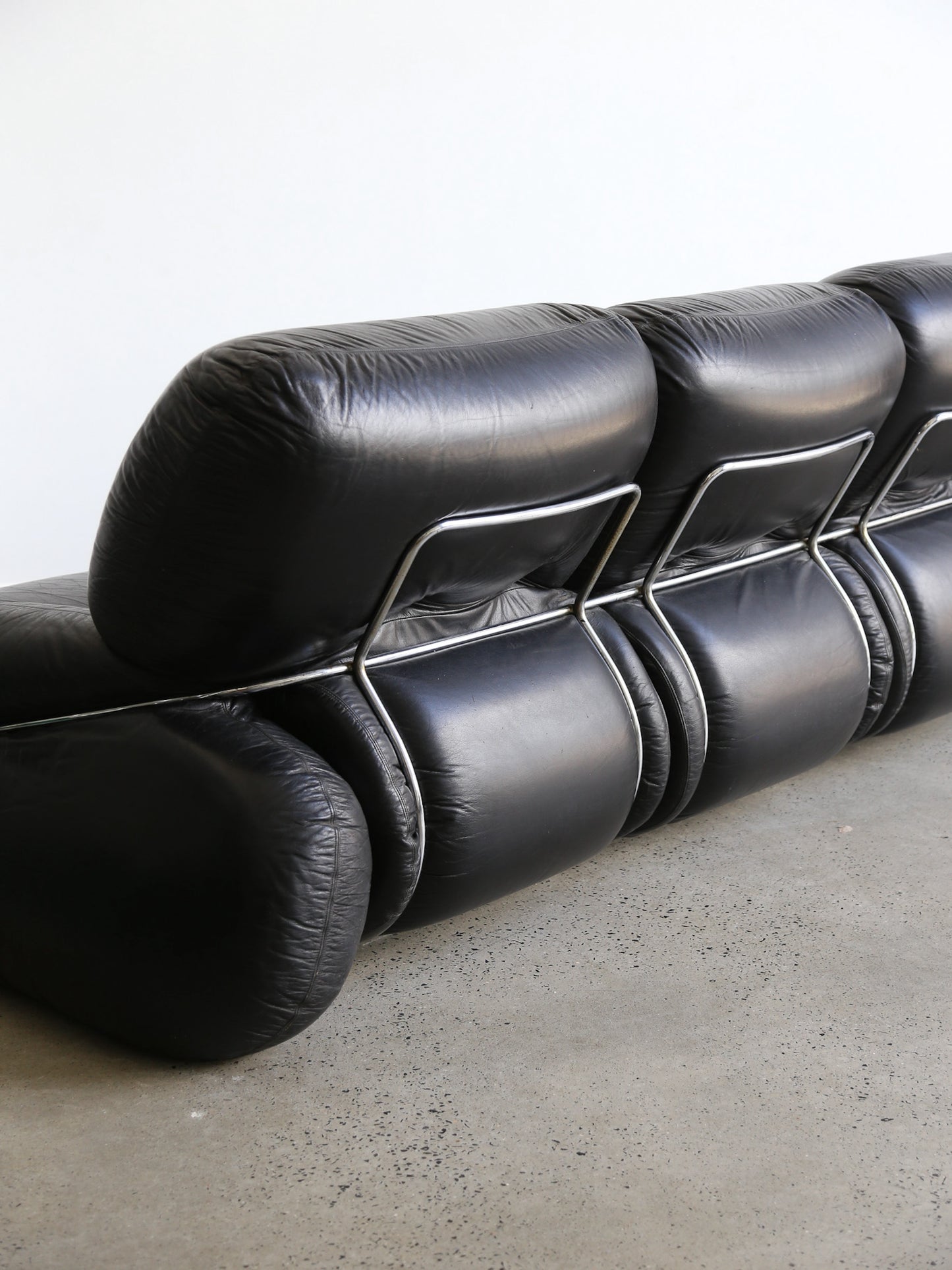 Okay Three Seater Sofa by Adriano Piazzesi In Balck Leather and Chrome 1970s