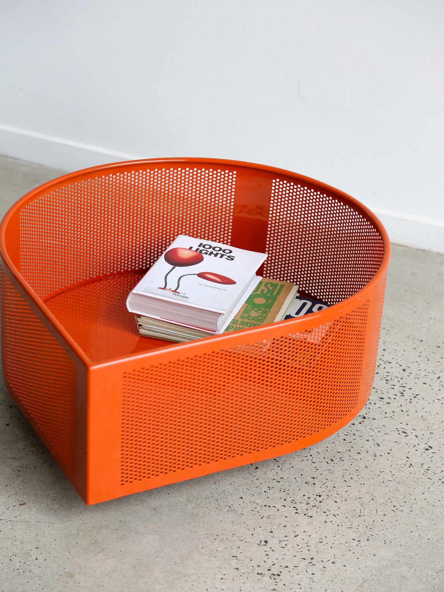 Orange Magazine Storage Box in Metal with Wheels