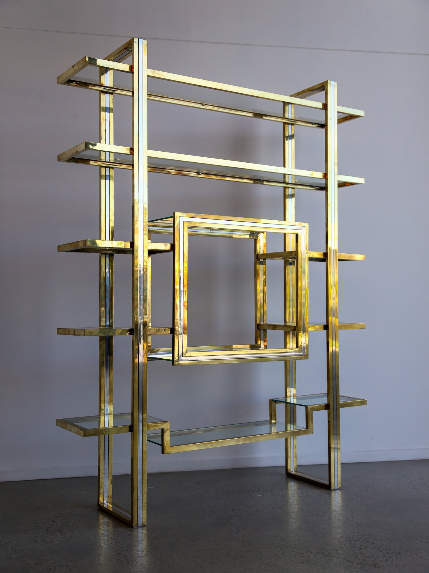 Romeo Rega Large Standing Brass, Chrome & Glass Bookshelf 1970s