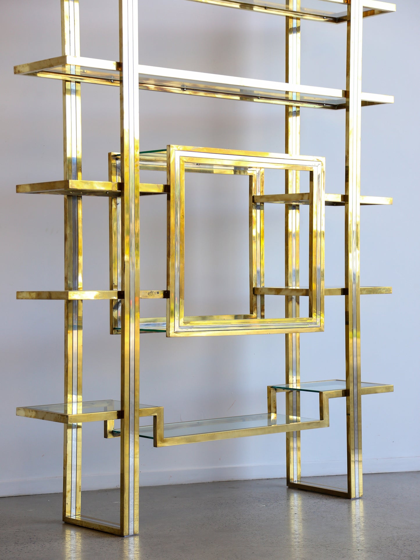 Romeo Rega Large Standing Brass, Chrome & Glass Bookshelf 1970s