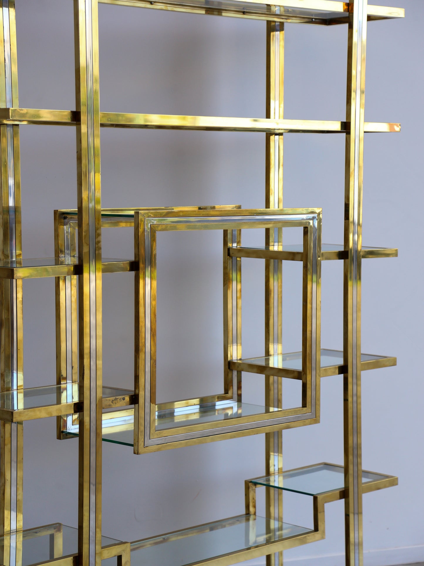 Romeo Rega Large Standing Brass, Chrome & Glass Bookshelf 1970s