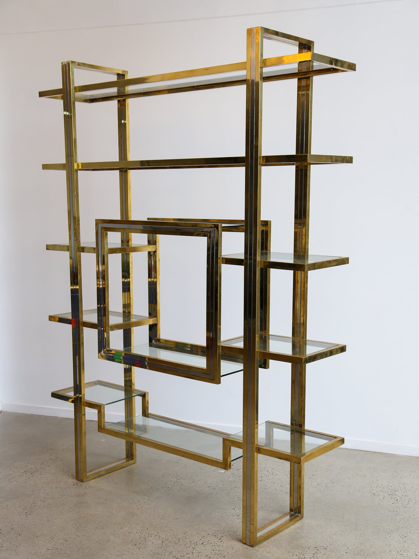 Romeo Rega Large Standing Brass, Chrome & Glass Bookshelf 1970s